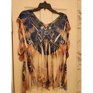 OneWorld Women's Blouse Orange Blue Beaded M